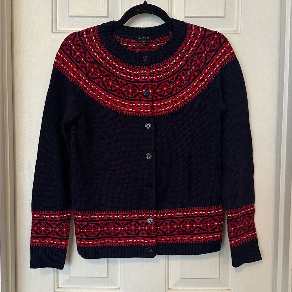 Talbots fair isle cardigan wool blend xs navy red - Picture 2 of 6